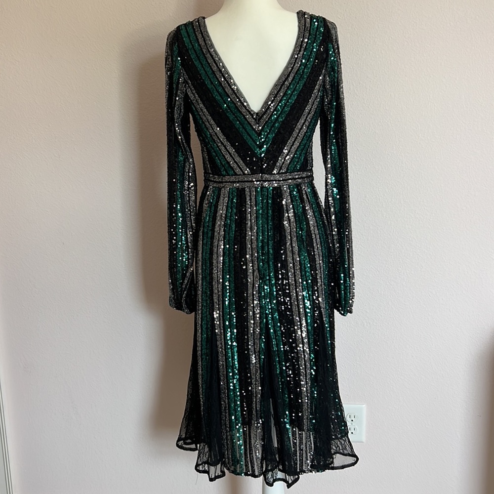 Marchesa Notte Sequin Lace Black Green Silver Dress - Picture 3 of 7